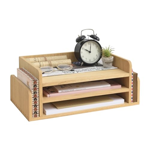 KIRIGEN Wood Desk Organizer, 5-Tray Letter Tray and Mail Sorter Natural 2TP | Solid Wood 3-Tier Desktop Organizer with 5 Storage Areas for Mail, Folders, Letter Paper and Office Supplies, Fully Assembled - color: Natural