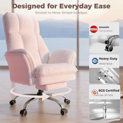 Big and Tall Office Chair, Flip Armrests for Pets & Cross Legged Sitting | Executive Ergonomic Computer Gaming Chair with Foot Rest, Teddy Fleece Wide Seat Reclining Desk Chair, Pink - color: Pink