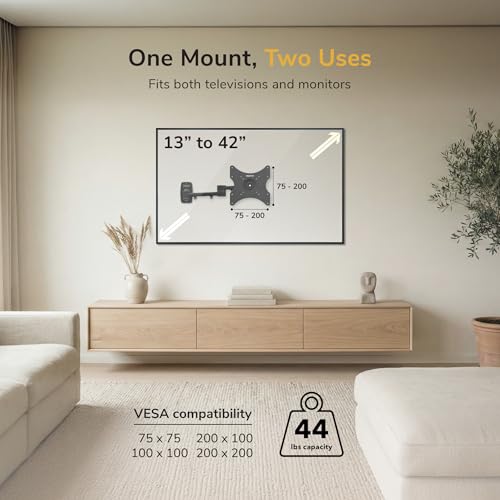 Mount-It! Full Motion TV Wall Mount Bracket for 13-42” Screens – 18" Articulating Arm, Quick Release Plate, Tilt Swivel Rotate, Anti-Theft Lock, Single Stud Install, Supports 44 lbs, VESA 75–200