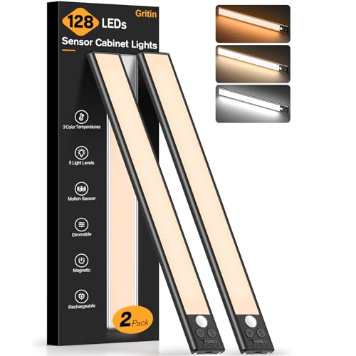 Gritin 14.7inch Under Cabinet Lighting Rechargeable 2 Pack - color: Black, size: 14.7 inch