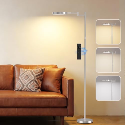 SIBRILLE LED Floor Lamp, 18W Adjustable Height Floor Lamp with Remote Control& 3 Color Temperatures, 350 Degree Swing Arms, Modern Dimmable Standing Lamp for Reading, Sewing and Craft, Brushed Nickel - color: Brushed Nickel