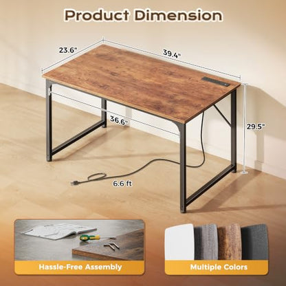 PRAISUN 40 X 24 Inch Deeper Desk with Power Outlets - color: Rustic Brown, size: 39.4*23.6 inch