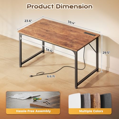 PRAISUN 40 X 24 Inch Deeper Desk with Power Outlets - color: Rustic Brown, size: 39.4*23.6 inch