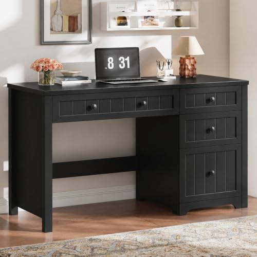 Vabches Farmhouse Executive Desk with 4 Drawers, Home Office Desk with File Drawer, Wood Computer Desk with Storage, Rustic Office Desk for Work Study Writing, Pure Black - color: Pure Black