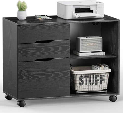 Healsmart Multifunction File Cabinet with Wheels, 3-Drawer Rolling Storage Organizer with Wood Top & Adjustable Shelf, Mobile Filing Cabinet Printer Stand for Home Office Small Space, Black - color: Black, style: Upgrade