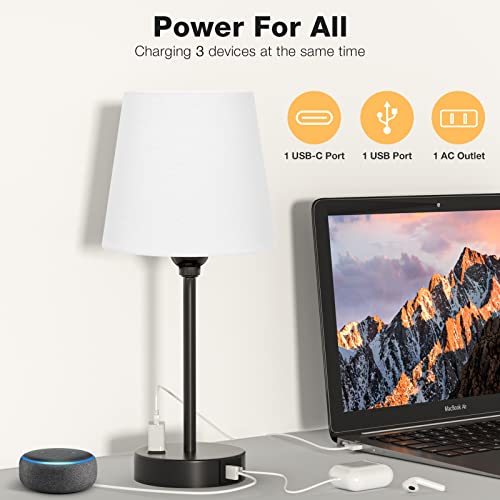 White Bedside Lamps Set 2 for Bedroom - Dimmable Touch, USB C+A, AC Outlet | 14.5" Mini Lamp, 3-Way Dimmable, LED Bulbs Included, White Barrel Fabric Lampshade, Nightstand Light for Guest Room, Kids - color: White