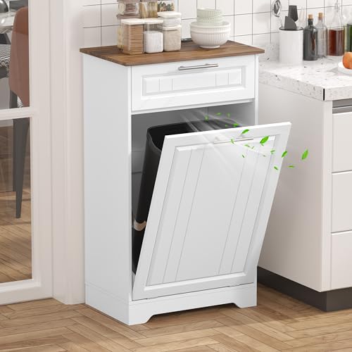 Single 10 Gallon Tilt Out Trash Can Cabinet with Deodorizing Function, Wooden Hidden Garbage Can Holder with Storage Drawers for Kitchen and Dining Room, Laundry Hamper Cabinet for Bathroom, White - color: White, size: 13.11"D x 20.91"W x 35.2"H(Single)