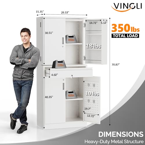 VINGLI Metal Storage Cabinet with 4 Doors & 1 Drawer, 71'' Steel Locking Cabinet with 6 Door Hanging Shelves and Adjustable Shelves for Garage, Warehouse, Home Kitchen, Dining Living Room (White) - color: White, size: 71'' Cabinet (4-Door & 1-Drawer)