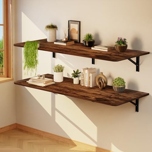 IAE Wall Mount Folding Desk,Floating Computer Desk for Small Spaces,Rustic | 55x22in engineered wood desktop with metal brackets, folds flat to save space in home office, apartment and laundry room - color: Rustic, size: 55"*22"