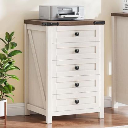 Halitaa 5 Drawer Small File Cabinet, Farmhouse Vertical Filing Cabinet - color: Rustic White and Brown