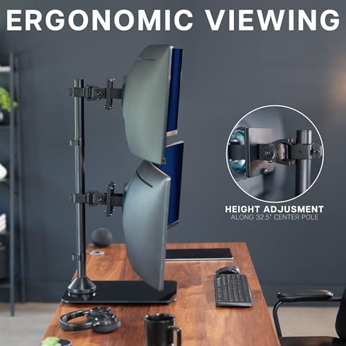 VIVO Dual Vertically Stacked Ultra-Wide Monitor Desk Stand with Glass Base, Extra Tall Adjustable Mount for 2 Ultrawide Screens up to 49 inches, 44 lbs Per Screen Capacity, Black, STAND-V202LG - size: Up to 49", style: Tempered Glass Base