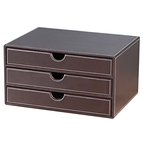 Stackable 3-Drawer Desk Organizer, Executive Office Supplies Desktop Filing A4 File Cabinet/Holder, Leather Storage Box for Document/Paper/Home Decor Accessories (brown)… - color: brown