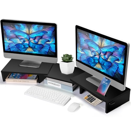 La Jaco Dual Monitor Stand Riser for 2 Monitors, Monitor Stand for Desk, Adjustable Length & Swivel Angle Wooden Desktop Organizer Stand Riser with Smartphone Holder for PC Monitor Laptop, Black