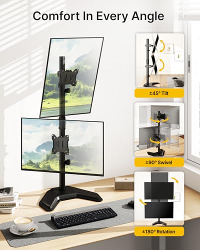 monTEK Freestanding Stacked Dual Monitor Stand for 17-32", 22 lbs Each | Solid V-shaped base, vertical dual-screen full-motion arms, height adjustment, tilt, swivel, rotation and VESA 75/100 - size: Dual Monitor