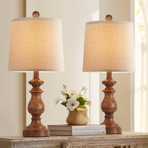 Traditional Table Lamp Set of 2, Rustic Farmhouse Table Lamps for Living Room Bedroom, 22" Bedside Desk Lamps Vintage Nightstand Lamps with Linen Shades, Wood Grain - color: Wood Grain