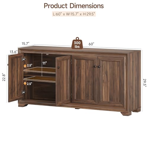 ONBRILL 60" Buffet Cabinet with Storage, 4 Doors & Adjustable Shelves Brown - color: Brown