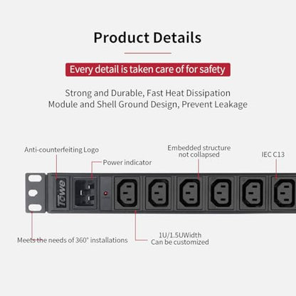 Power Strip, 8 Outlets IEC C13 Metal PDU Power Strip,Built-in C20 Outlet Extender Heavy Duty, 16A 250V 4000W Server Rack PDU/Data Center Power