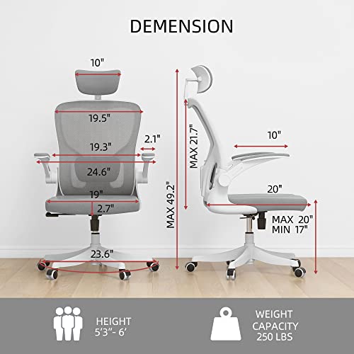 Monhey Ergonomic Office Chair, 90°-125° Tilt Back Home Desk Chair with 360° Swivel & Mute Wheels, High Back Mesh Computer Chair for Adults with Lumbar Support, 330 LBS Capacity (01White+Gray) - color: 01white+gray