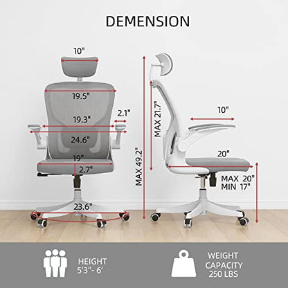 Monhey Ergonomic Office Chair, 90°-125° Tilt Back Home Desk Chair with 360° Swivel & Mute Wheels, High Back Mesh Computer Chair for Adults with Lumbar Support, 330 LBS Capacity (01White+Gray) - color: 01white+gray