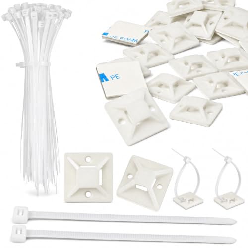 100 Pack Cable Tie Mounts with 6 Inch Zip Ties, Self Adhesive - color: White