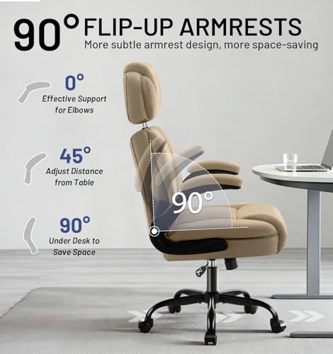 Ergonomic Office Chair with Lumbar Support, 400lbs Heavy Duty Big and Tall Executive Desk Chair, PU Leather High Back Computer Chair with Flip-Up Arms & Adjustable Headrest, Khaki - color: Khaki, size: Adjustable Headrest Office Chair