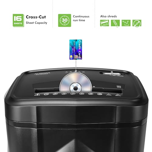 Aurora AU1645XA 16-Sheet Cross-Cut Paper and CD/Credit Card Shredder/5-Gallon Pullout Basket/ 30 Minutes Run Time - color: Black, size: 16-Sheet CrossCut
