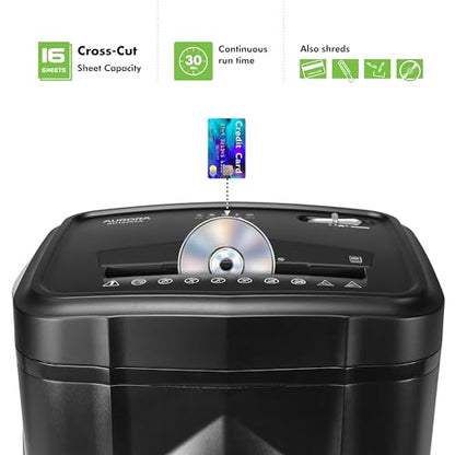 Aurora AU1645XA 16-Sheet Cross-Cut Paper and CD/Credit Card Shredder/5-Gallon Pullout Basket/ 30 Minutes Run Time - color: Black, size: 16-Sheet CrossCut