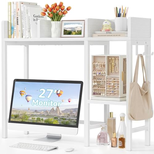 BOLUO Desk Hutch Dorm Room, Desktop Bookshelf for Computer Desk 37" Hutch Organizer Tabletop Storage Rack for College Essentials Home Office White