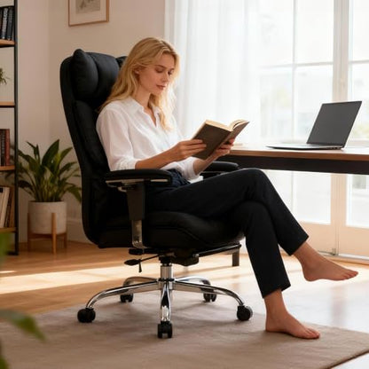 Efomao Executive Office Chair, Mesh Black Fabric Big and Tall Desk Chair | Breathable fabric, pocket spring & foam seat, retractable footrest, 135° recline for computer gaming setup - color: 3084mus-black