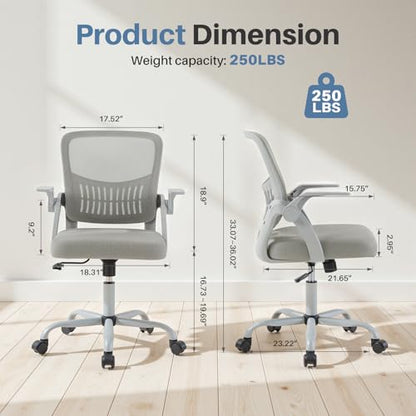 DUMOS Office Chair, Ergonomic Home Desk Chair, Ergonomic Lumbar Support | Height Adjustable, Flip-up Armrest, Rocking Mode, 360 Swivel, Conference Room, Grey - color: Grey Flip Arm