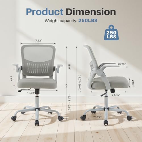 DUMOS Office Chair, Ergonomic Home Desk Chair, Ergonomic Lumbar Support - color: Grey Flip Arm