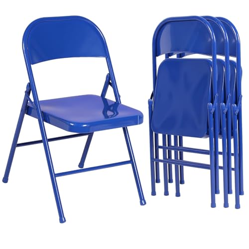 VECELO Metal Folding Chairs 4 Pack, Double Hinged Steel Frame Easy Foldable&Stackable for Office Kitchen Dinning Wedding Patio and Garden - color: Blue
