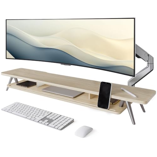 Fenge Dual Monitor Stand Riser, Wooden Desk Shelf with 2-Tier Storage - color: Oak, size: 47.2 Inch