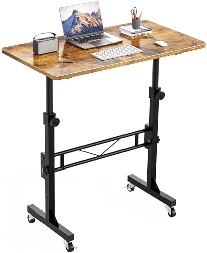 Standing Desk, 32 Inch Portable Small Desk Adjustable Height, Rustic | Rolling Home Office Desks with Wheels, Sit Stand Desk for Bedroom Walking Pad Home Office Small Space - color: Rustic