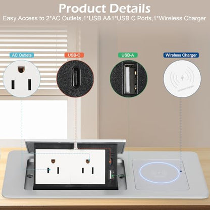 Table Pop Up Outlet Automatic Pop Up Strip Center Countertop Recessed Power Strip with 15W Wireless Charger + USB A + USB C + 2AC 5.9Ft Cord for Conference Desk Office Kitchen (Silver-Wireless) - style: Silver-Wireless