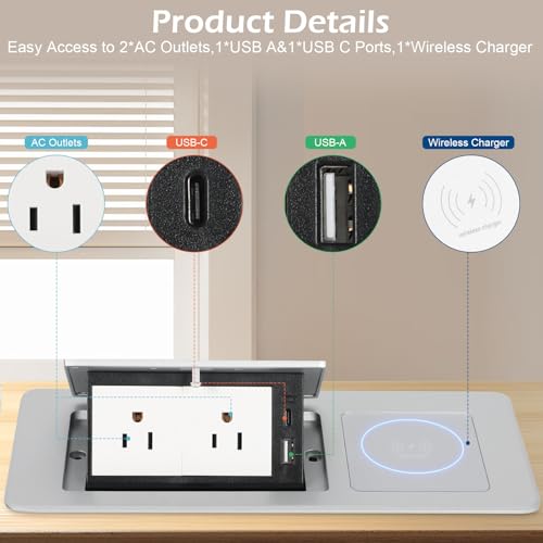 Table Pop Up Outlet Automatic Pop Up Strip Center Countertop Recessed Power Strip with 15W Wireless Charger + USB A + USB C + 2AC 5.9Ft Cord for Conference Desk Office Kitchen (Silver-Wireless) - style: Silver-Wireless