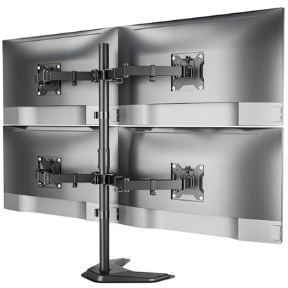 monTEK Freestanding Quad Monitor Stand for Four 17-32" Screens, 22 lbs Each | Solid V-shaped base, four-screen full-motion arms, height adjustment, tilt, swivel, rotation and VESA 75/100 - size: Quad Monitor