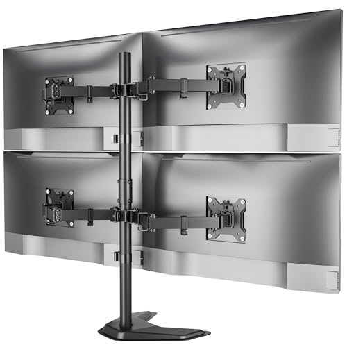 monTEK Freestanding Quad Monitor Stand for Four 17-32" Screens, 22 lbs Each | Solid V-shaped base, four-screen full-motion arms, height adjustment, tilt, swivel, rotation and VESA 75/100 - size: Quad Monitor