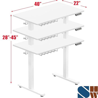 SHW 40 x 22 Inches Electric Height Adjustable Sit to Stand Desk, White | with Hanging Hooks and Cable Management, White Frame and White Top - color: White, size: 40-Inch