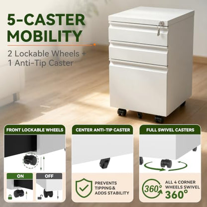 SAWJEC 3 Drawer Mobile File Cabinet Fully Assembled, White | 15"W x 17"D x 24"H, Fit Letter/Legal/A4, Vertical, Locking, Steel, Under Desk Storage, Filing Cabinet, Home Office - color: White, size: 24"H x 15"W x 17"D