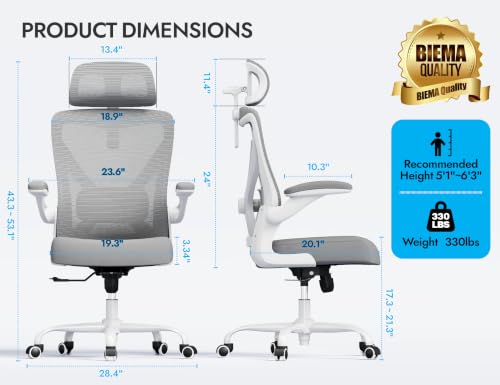 Ergonomic Office Chair: Mesh Desk Chair Comfy with Headrest& Lumbar Support | Ergalithic Big and Tall Office Chairs with Wheels & Flip-Up Arms-Computer Gaming Chairs for Adults Home Office Chairs(Grey) - color: Grey, size: Pack of 1