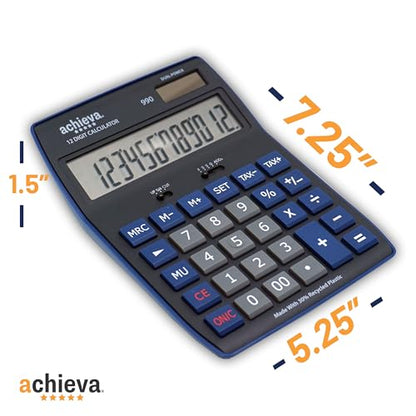 Achieva 12-Digit LCD Display Desktop Calculator | Blue | Mark Up Key, Selectable Decimal & Rounding Switches | Dual Solar/Battery Power | for Home, Office, School (990) - color: Blue