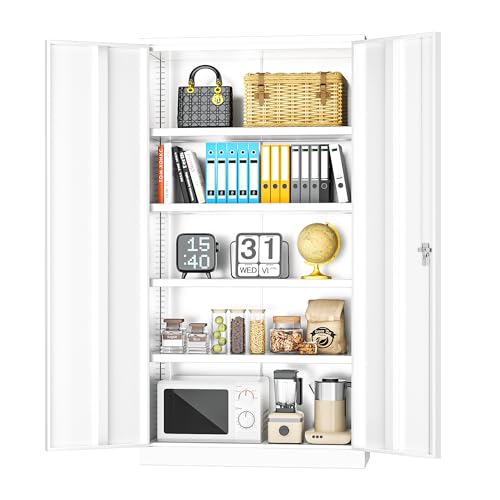 White Metal Storage Cabinet Doors, 72" Locking Steel Storage Cabinet with Shelves, Tall Metal Cabinet Lockable Steel Cabinets for Home Office, Garage - color: White, size: 72" High