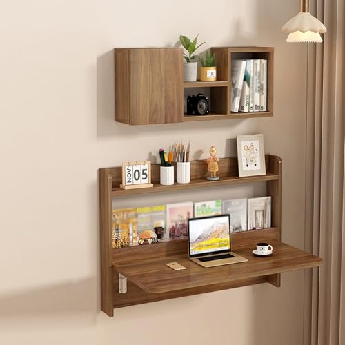 Wall Mounted Folding Table with Booksheves,Floating Desk with Bookcase,Wooden Fold Down Laptop Table for Small Space,Home Office, Bedroom,Study Room,Dorm,Walnut Color - color: Walnut Color
