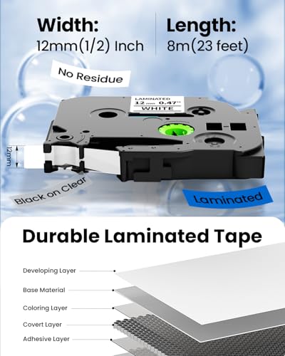 PT-D220 PTD210 PTD400AD PT-H111 PT-1750 Label Maker Tape 12mm 0.47 | Laminated Ptouch Label Tape Replacement for Brother TZ TZe Compatible with Brother P-Touch Refills 1/2 Inch x26.2 Ft, 6 Pack - color: ['Black on White/Pink/Yellow/Red/Blue/Green'], size: