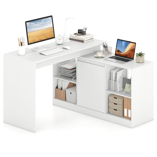 Tangkula Reversible L-Shaped Computer Desk Corner Laptop Workstation - color: White