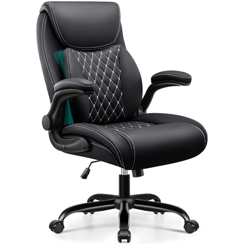 BESTFAIR Office Chair, Ergonomic Computer Desk Chairs with Lumbar Support for Lower Back Pain Relief, Executive Leather Home Chair Comfy with Padded Flip-up Armrests, Black - color: Black, size: 1 Pack