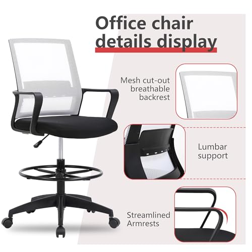 BestOffice Drafting Chair Tall Office Chair Adjustable Swivel Rolling Mesh Height with Lumbar Support Arms Footrest Mid Back for Adults Standing Desk Drafting Stool (Beige) - color: Beige
