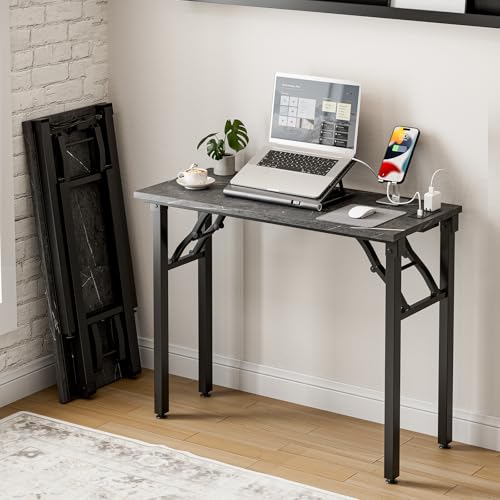 Small Folding Computer Desk – 35.8 Inch Portable Table for Craft and Study, Lightweight Desk for Small Spaces, Foldable Laptop Table Built-in AC/USB Outlets for Convenience, Marble Greige - color: Marble Greige, size: 35.8 X 15.7 Inch, style: With Power O
