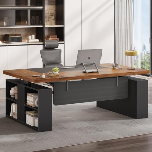 SEDETA 63" Executive Standing Desk with Storage, Executive Height Adjustable Desk with Power Outlets, Large Computer Office Desk with Privacy Panel for Home Office, Brown+Black - color: Rustic Brown